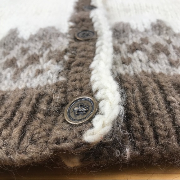 SOLD-Vtg Fair Isle Chunky Wool Cardigan Sweater Handmade M/L Brown Neutral Cream - Picture 5 of 16